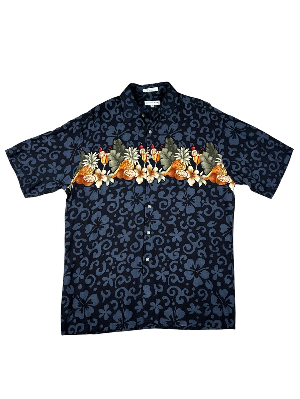 VINTAGE PIERRE CARDIN MENS HAWAIIAN button down shirt hibiscus pineapple MEDIUM